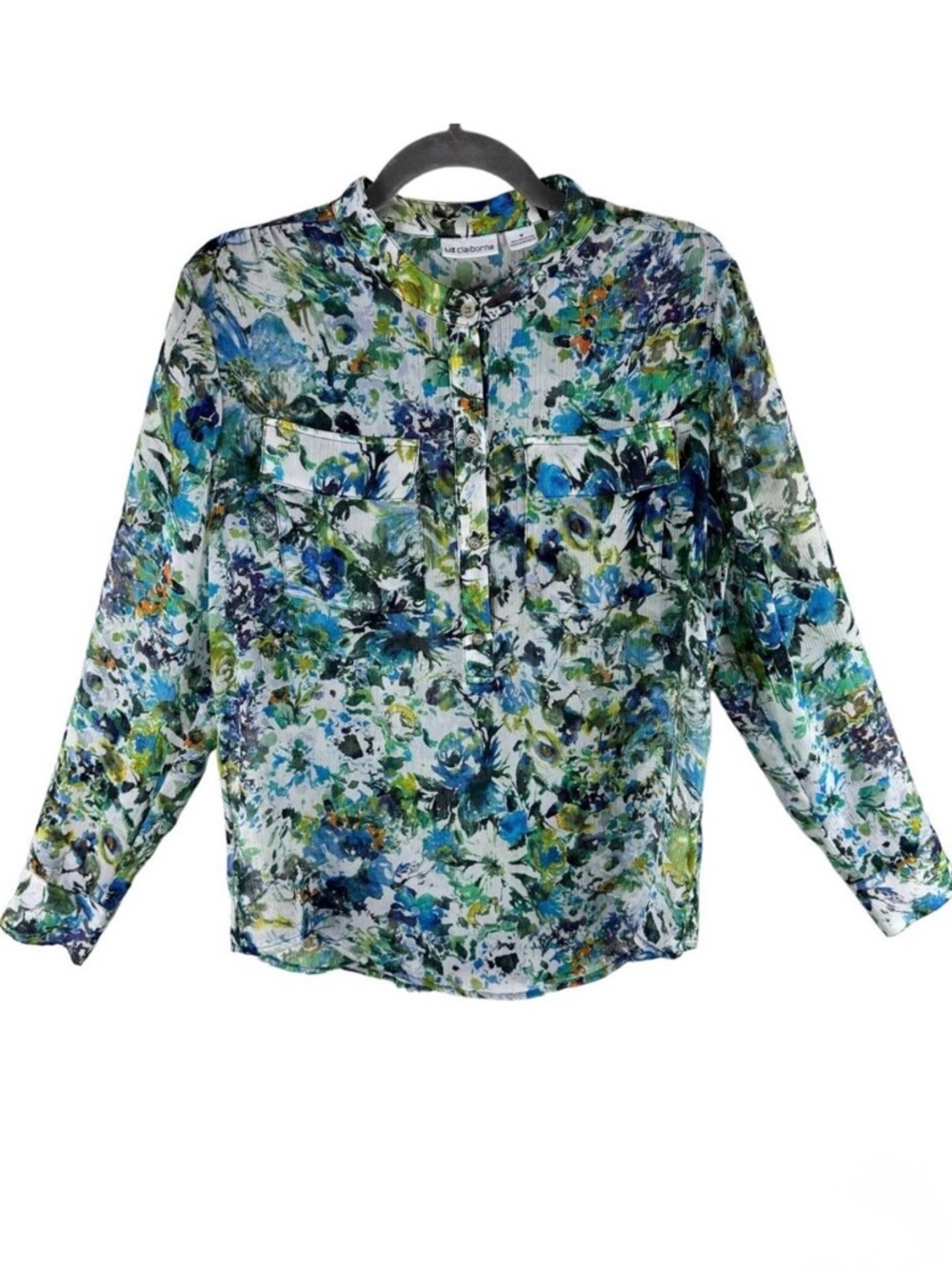 Liz Claiborne Multicolor Long Sleeve Crew Neck Sheer‎ Button Up Blouse Size M
